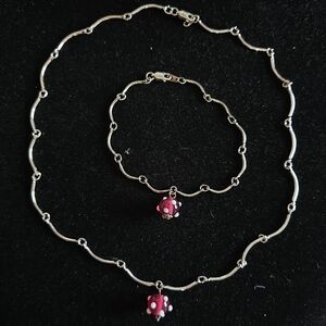 925 Sterling Silver Necklace and Bracelet Set with colorful round Charm